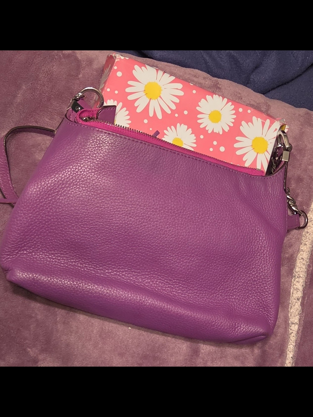 Michael Kors Purple Pebbled Leather Tassel Shoulder Bag with Floral Lining - Picture 4 of 4